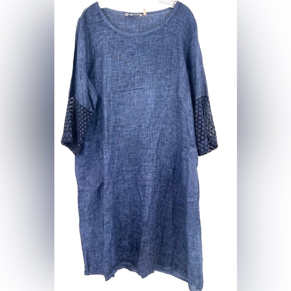 Soft Surroundings Blue Linen 100% Crochet Sleeve Dress Small Lagenlook minimal - Picture 1 of 9